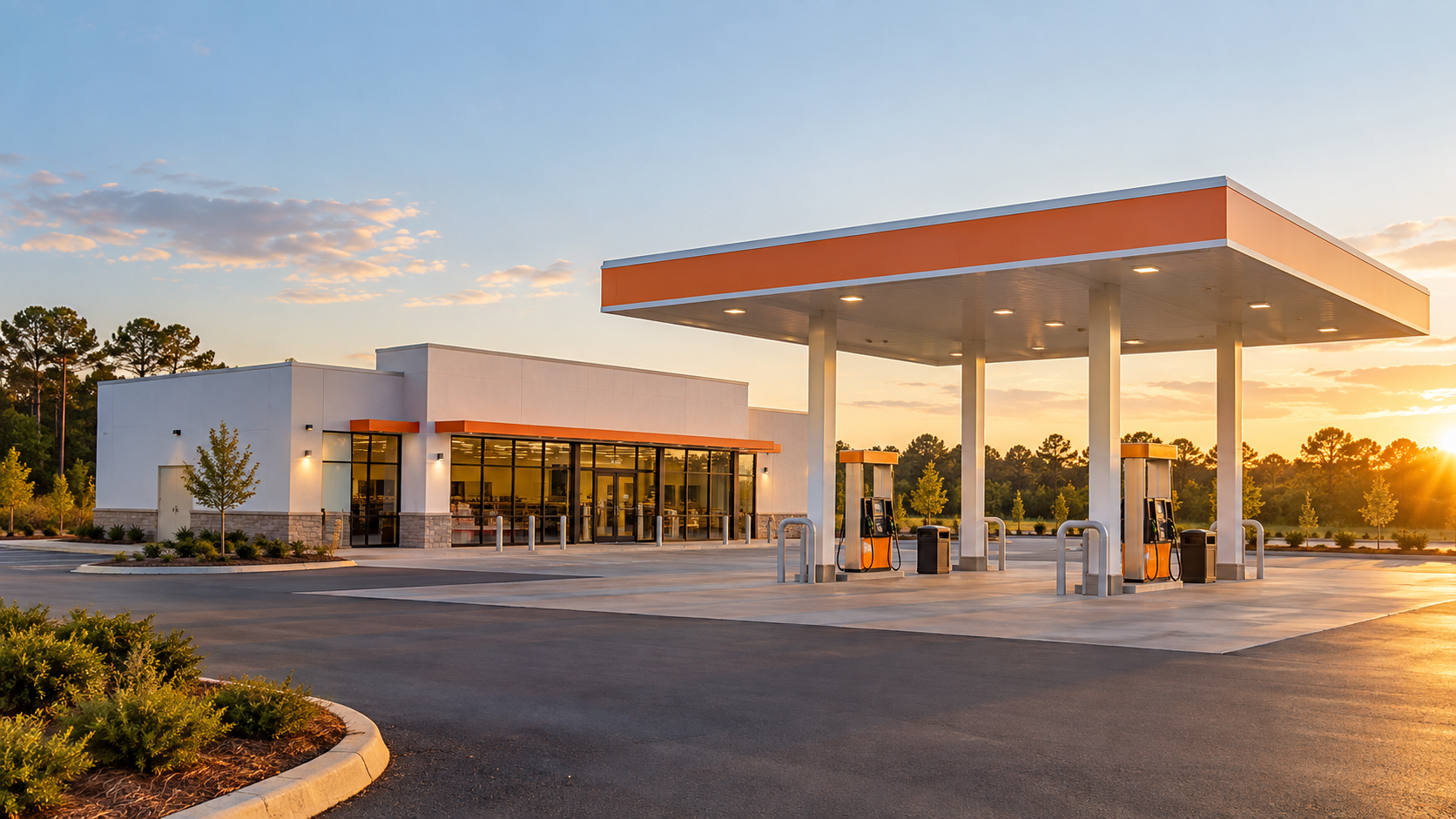 Illustrative image of a contemporary convenience store and fuel forecourt at golden hour